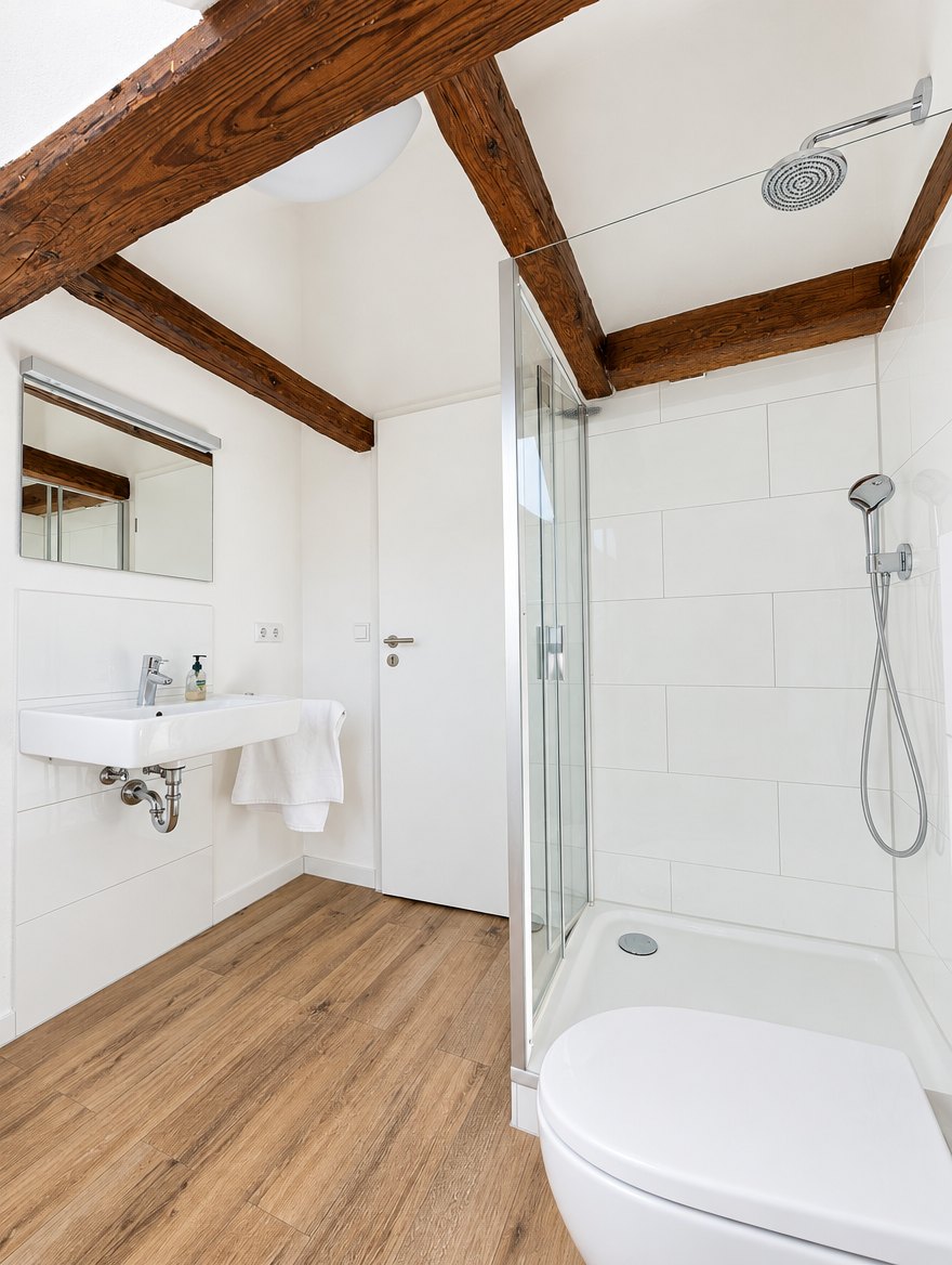 Appartement 12, Neue Straße, Duschbad mit Glasdusche und Holzbalken