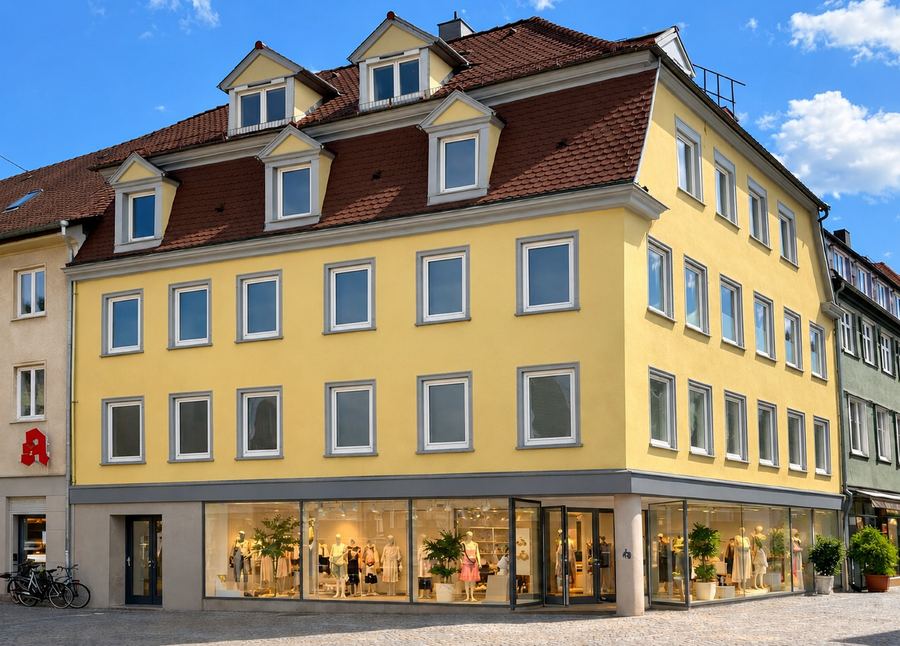 Außenansicht des Gebäudes Neue Straße 20 mit gelber Fassade und Mansarddach